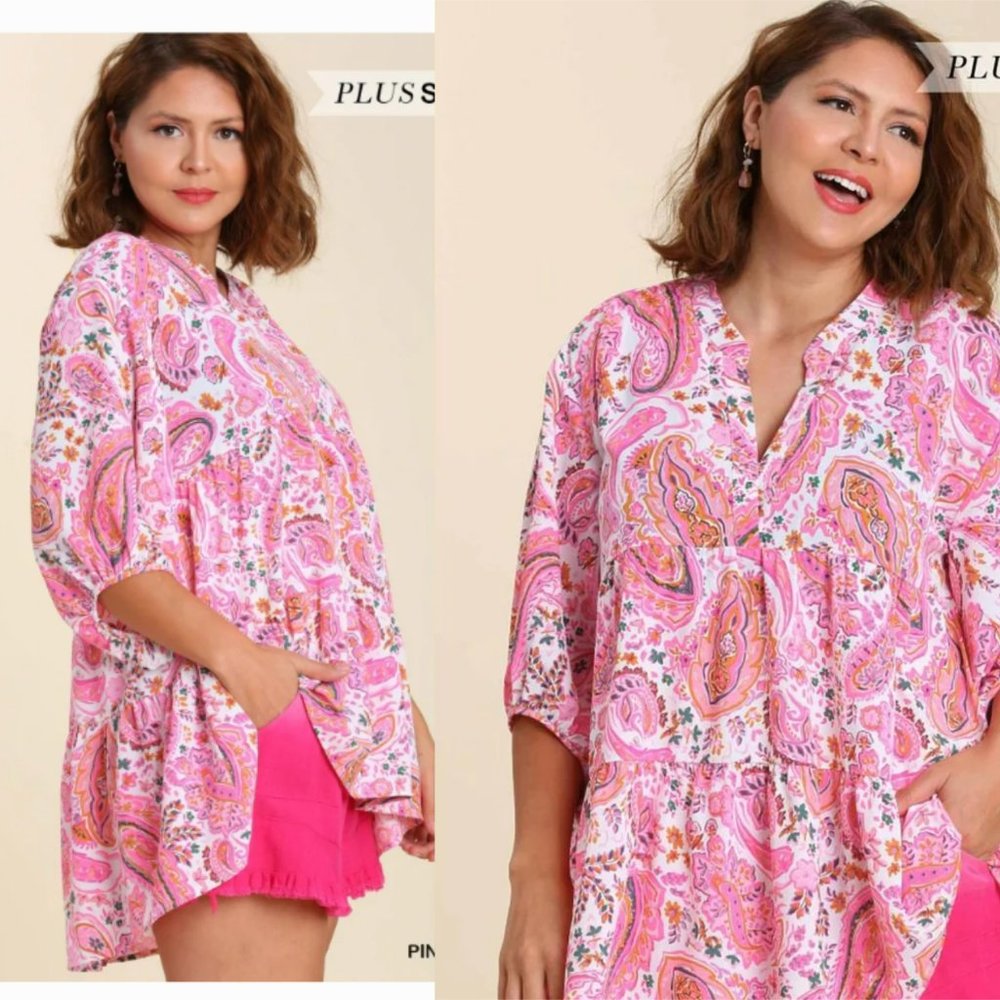 Umgee Pink Paisley Print V-Neck Tunic Top